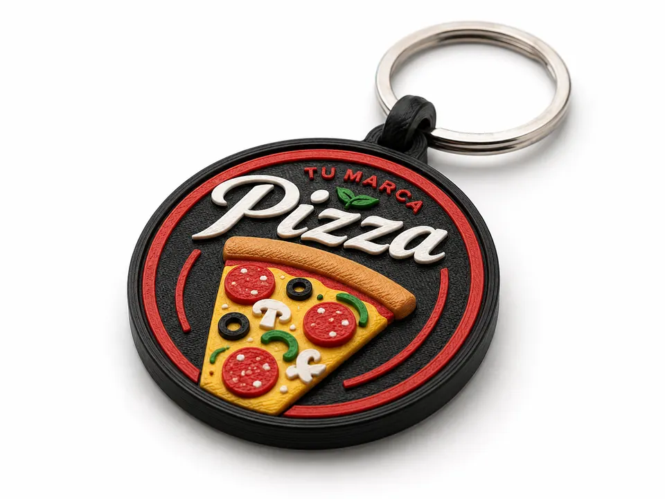 Llavero 3D con identidad visual para una pizzería
